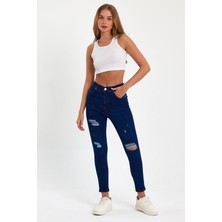 Tref Jns Mavi Yırtık Yüksek Bel Dar Paça Skinny Power Likralı Kot Pantalon Mavi-Yırtık-Trefjeans-5