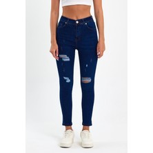 Tref Jns Mavi Yırtık Yüksek Bel Dar Paça Skinny Power Likralı Kot Pantalon Mavi-Yırtık-Trefjeans-5