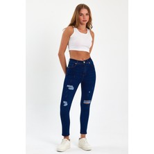 Tref Jns Mavi Yırtık Yüksek Bel Dar Paça Skinny Power Likralı Kot Pantalon Mavi-Yırtık-Trefjeans-5