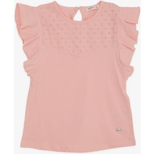 BREEZE Kız Çocuk Tişört Kolları Fırfırlı Nakış Güpürlü 6-12 Yaş, Somon