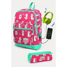 Coral High Kids Neon Mercan Su Yeşili Alpaka Desenli Usb'li 2'li Okul Çanta Seti SET0223268