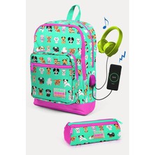 Coral High Kids Su Yeşili Neon Pembe Köpek Desenli Usb'li 2'li Okul Çanta Seti SET0223266