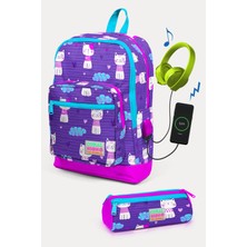 Coral High Kids Mor Pembe Kedi Desenli Usb'li 2'li Okul Çanta Seti SET0223264
