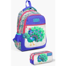 Coral High Kids Gümüş Lavanta Tavus Kuşu Desenli 2'li Okul Çanta Seti GOSET0223488