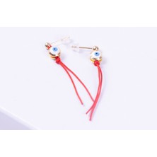 Altın kaplama nazar boncuklu, kırmızı ipli vidalı  saplama küpe