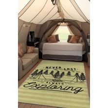 Homshtag Kaybolmam Keşfederim,Kamp Hayatı Desenli Sarı Halı,Kampçı Halısı,Pamuklu Dokuma Tabanlı Yıkanabilir Halı