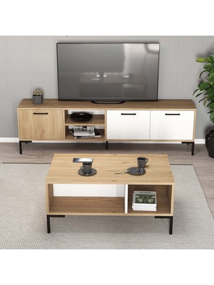 Mezza Set 1594-2084 Aurora 180 cm Metal Ayaklı Tv Ünitesi + Aurora Orta Sehpa - Sepet-Beyaz