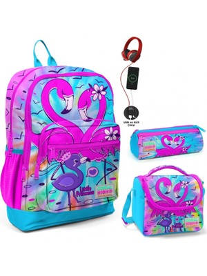 Coral High Mavi Pembe Flamingo USB Soketli Üçlü Ilkokul Çanta Seti - Kız Çocuk