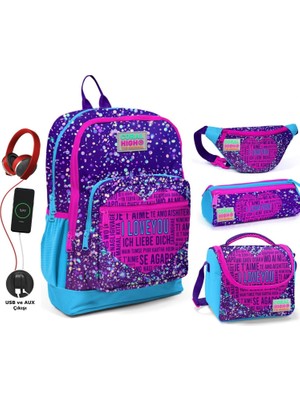 Coral High Mor Mavi Kalp USB Soketli Okul Çanta Seti ve Bel Çantası - Kız Çocuk