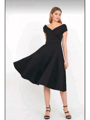 Ebedi Collection Kadın Kısa Kollu Kruvaze Yaka Eteği Volanlı Krep Elbise