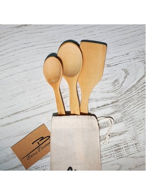 Barış Dizayn Kayın Ağacı Ham Bez Keseli Tahta Kaşık Spatula Seti Cilalı 30-27-23 cm 3'lü