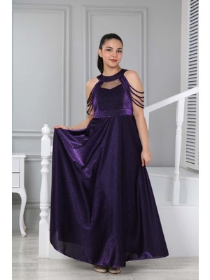 Asortix Kız Çocuk Uzun Mor Saten Abiye Gece Mezuniyet ELBISESI-ABY-0029