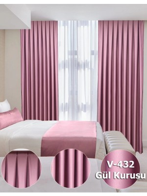 YS Perde Tasarım Lüx Saten Blackout Karartma Fon Perde 1/3 Sık Pile - Gül Kurusu