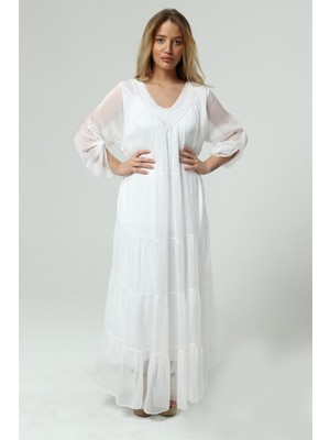 Bohem Stil Italyan Pullu Yaka İpek Şık Maksi Uzun Kol Elbise