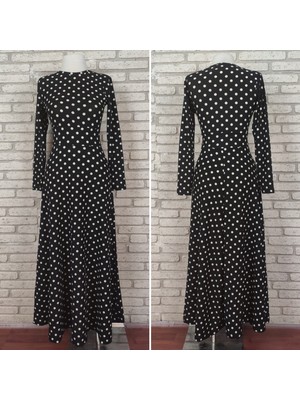 Ebedi Collection Kadın Krep Kumaş Uzun Kollu Tam Boy Puantiyeli Elbise 132 cm