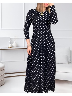 Ebedi Collection Kadın Krep Kumaş Uzun Kollu Tam Boy Puantiyeli Elbise 132 cm