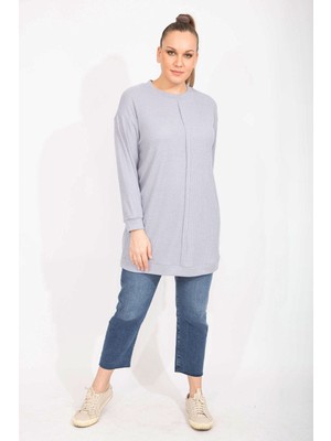 Kadın Gri Kaşkorse Kumaş Ön Dikiş Detaylı Uzun Tunik 65N35498