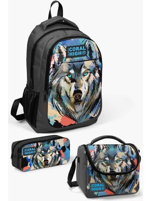 Coral High Gri Siyah Kurt Desenli 3’lü Okul Çanta Seti 22 Litre Kapasite Çocuklar İçin