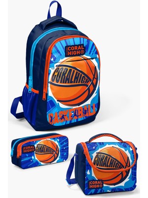 Coral High Basketbol Desenli Lacivert Mavi 3’lü Okul Çanta Seti 22 Litre Kapasite Çocuklar İçin SET0114405