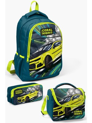 Coral High Kids Nefti Fosforlu Sarı Araba Desenli 3’lü Okul Çanta Seti SET0114406