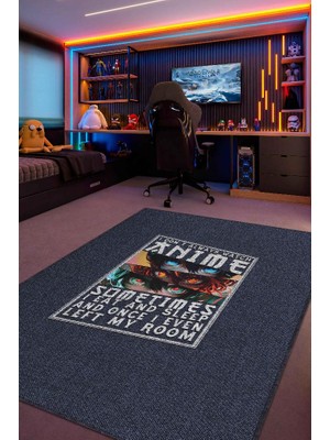 Homshtag Her Zaman Anime, Anime Temalı Kot Mavisi Anime Halısı, Pamuklu Dokuma Tabanlı Yıkanabilir Oturma Odası Halısı