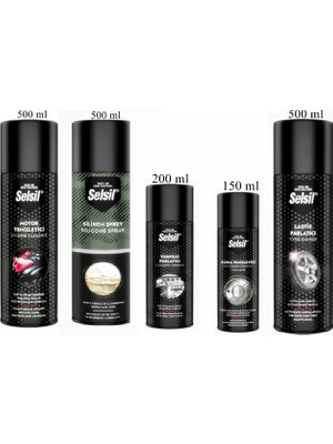 5'li Araç Bakım Seti-Motor Temizleme Spreyi -Silikon Sprey- Lastik Parlatıcı 500 Ml-Torpido Par. 200 Ml-Klima Temizleme 150ML