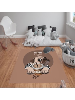 Doruklar Home Collection Kaymaz Tabanlı Yıkanabilir Coffee Köpek Desenli Çocuk Halısı Dot Taban Halı