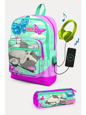 Coral High Kids Su Yeşili Pembe Kedi Desenli Usb'li 2'li Okul Çanta Seti SET0223807
