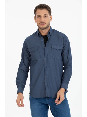 Varetta Erkek Kot Mavi Çift Cepli Düz Likralı Uzun Kollu Kot Gömlek