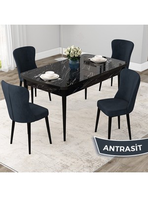 Canisa Concept Due Serisi 80X132 Açılabilir Siyah Mermer Desen Mutfak Masası Takımı ve 4 Sandalye