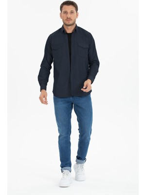 Varetta Erkek Lacivert Çift Cepli Düz Likralı Uzun Kollu Kot Gömlek