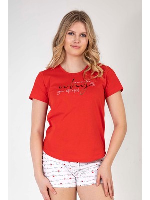 Ilısana Kadın Kırmızı Pamuklu Kısa Kol Şortlu Pijama Takım
