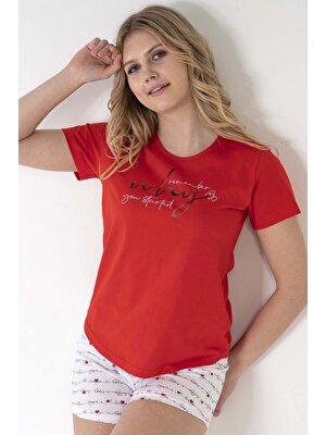 Ilısana Kadın Kırmızı Pamuklu Kısa Kol Şortlu Pijama Takım
