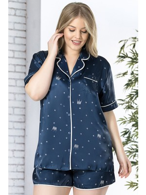 Ilısana Kadın Mavi Saten Komple Düğmeli Kısa Kol Şortlu Pijama Takım