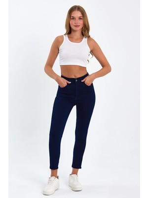 Tref Jns Lacivert Yüksek Bel Dar Paça Skinny Power Likralı Kot Pantalon Trefjeans-1-Lacivert