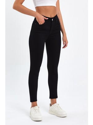 Tref Jns Siyah Yüksek Bel Dar Paça Skinny Power Likralı Kot Pantalon Trefjeans-2-Siyah