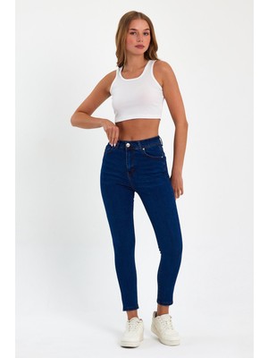 Tref Jns Mavi Yüksek Bel Dar Paça Skinny Power Likralı Kot Pantalon Trefjeans-2-Mavi