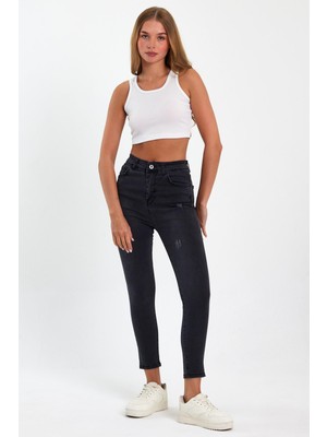 Tref Jns Siyah Yırtık Yüksek Bel Dar Paça Skinny Power Likralı Kot Pantalon Siyah-Trefjeans-4