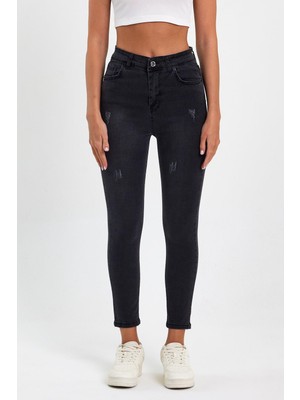 Tref Jns Siyah Yırtık Yüksek Bel Dar Paça Skinny Power Likralı Kot Pantalon Siyah-Trefjeans-4