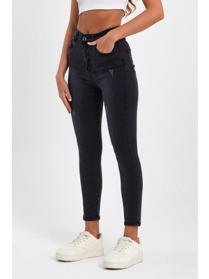 Tref Jns Siyah Yırtık Yüksek Bel Dar Paça Skinny Power Likralı Kot Pantalon Siyah-Trefjeans-4