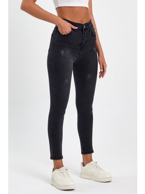 Tref Jns Siyah Yırtık Yüksek Bel Dar Paça Skinny Power Likralı Kot Pantalon Siyah-Trefjeans-4