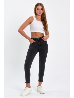 Tref Jns Siyah Likralı Yırtık Yüksek Bel Dar Paça Skinny Power Likralı Kot Pantalon TREF-SIYAH-JEANS-911112