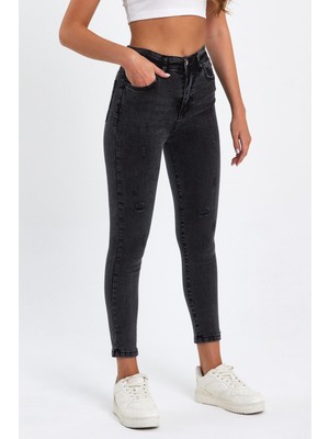 Tref Jns Siyah Likralı Yırtık Yüksek Bel Dar Paça Skinny Power Likralı Kot Pantalon TREF-SIYAH-JEANS-911112