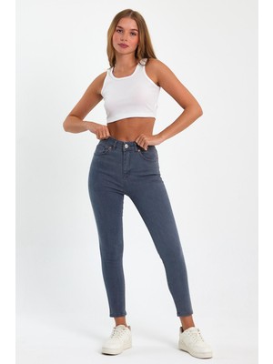 Tref Jns Gri Yüksek Bel Dar Paça Skinny Power Likralı Kot Pantalon Trefjeans-1-Gri