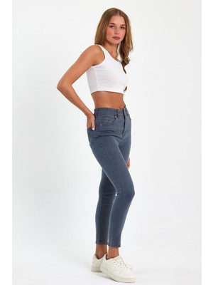 Tref Jns Gri Yüksek Bel Dar Paça Skinny Power Likralı Kot Pantalon Trefjeans-1-Gri