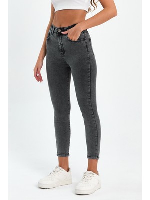 Tref Jns Gri Yüksek Bel Dar Paça Skinny Power Likralı Kot Pantalon Trefjeans-6-Gri