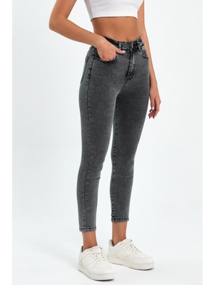 Tref Jns Gri Yüksek Bel Dar Paça Skinny Power Likralı Kot Pantalon Trefjeans-6-Gri