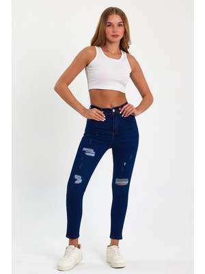 Tref Jns Mavi Yırtık Yüksek Bel Dar Paça Skinny Power Likralı Kot Pantalon Mavi-Yırtık-Trefjeans-5