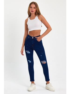 Tref Jns Mavi Yırtık Yüksek Bel Dar Paça Skinny Power Likralı Kot Pantalon Mavi-Yırtık-Trefjeans-5