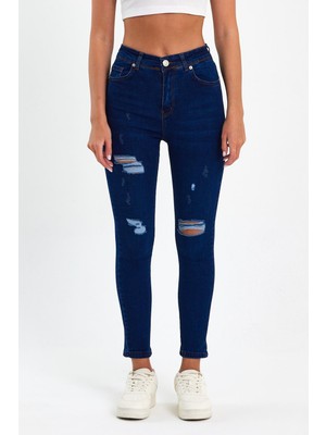 Tref Jns Mavi Yırtık Yüksek Bel Dar Paça Skinny Power Likralı Kot Pantalon Mavi-Yırtık-Trefjeans-5